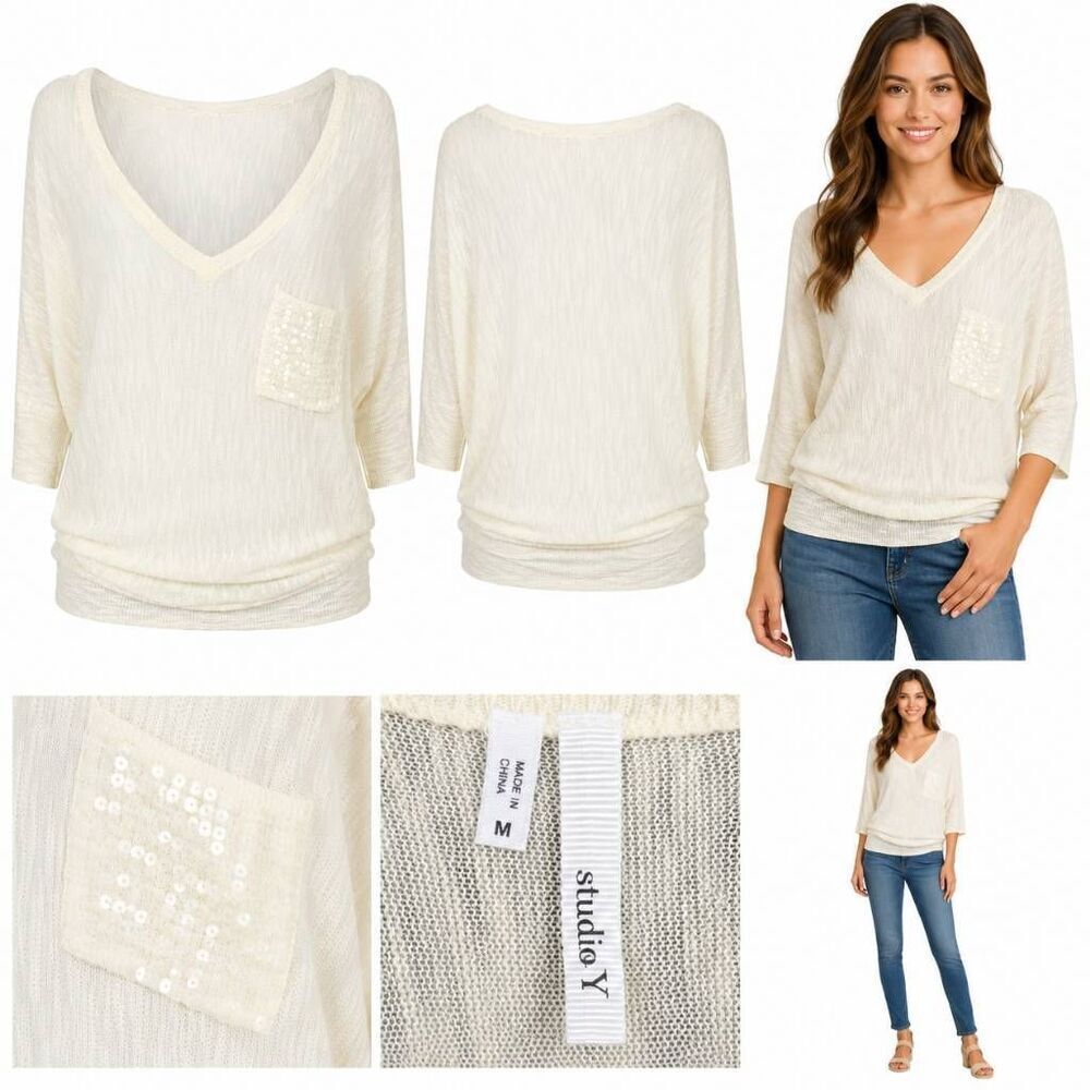 Studio Y Ivory Dolman Sleeve Knit Top Medium Sequin Pocket